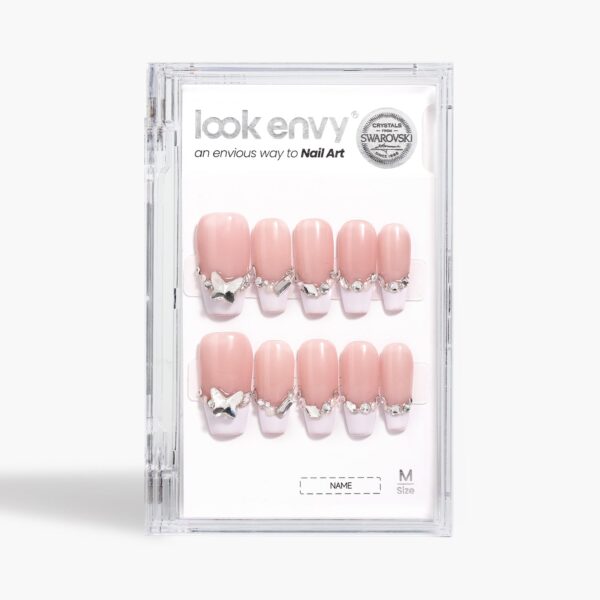 Medium Almond-Shaped French Tips Nail Art Light Pink Butterfly Swarovski Crystals Decor Handmade Press On Nail - Image 7