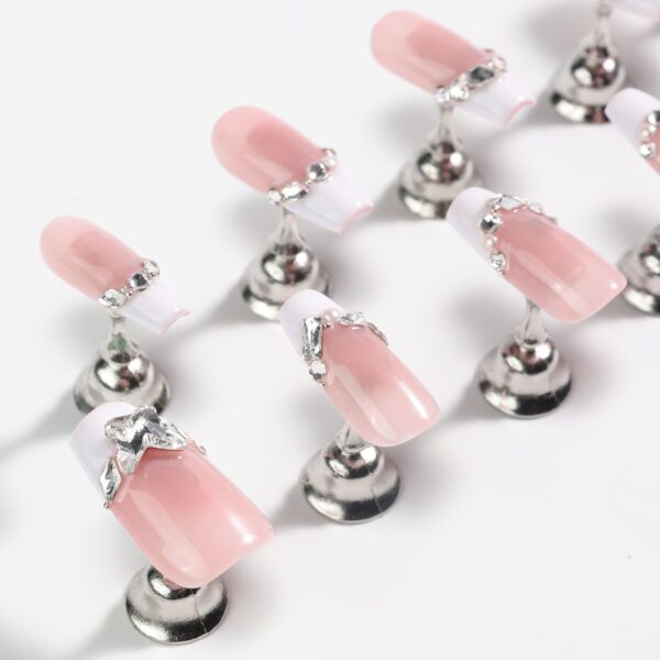 Medium Almond-Shaped French Tips Nail Art Light Pink Butterfly Swarovski Crystals Decor Handmade Press On Nail - Image 5