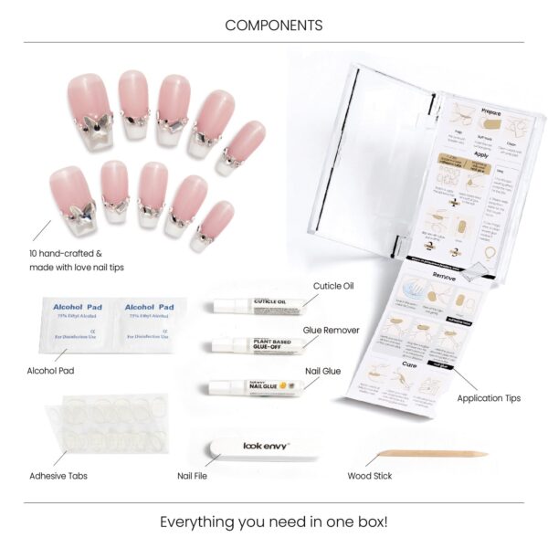 Medium Almond-Shaped French Tips Nail Art Light Pink Butterfly Swarovski Crystals Decor Handmade Press On Nail - Image 6