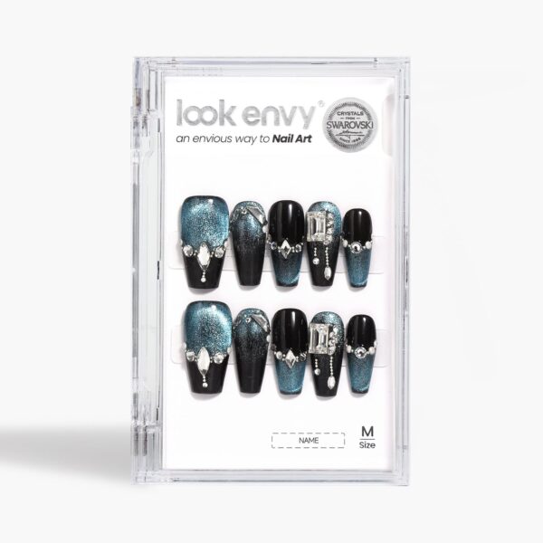 10pcs Luxury Handmade Press on Nails Medium Coffin-Shaped Black And Blue Change Cat Eye Swarovski Crystals Decorative - Image 8