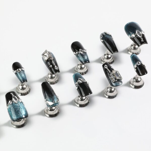 10pcs Luxury Handmade Press on Nails Medium Coffin-Shaped Black And Blue Change Cat Eye Swarovski Crystals Decorative - Image 6