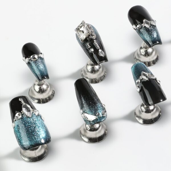 10pcs Luxury Handmade Press on Nails Medium Coffin-Shaped Black And Blue Change Cat Eye Swarovski Crystals Decorative - Image 5