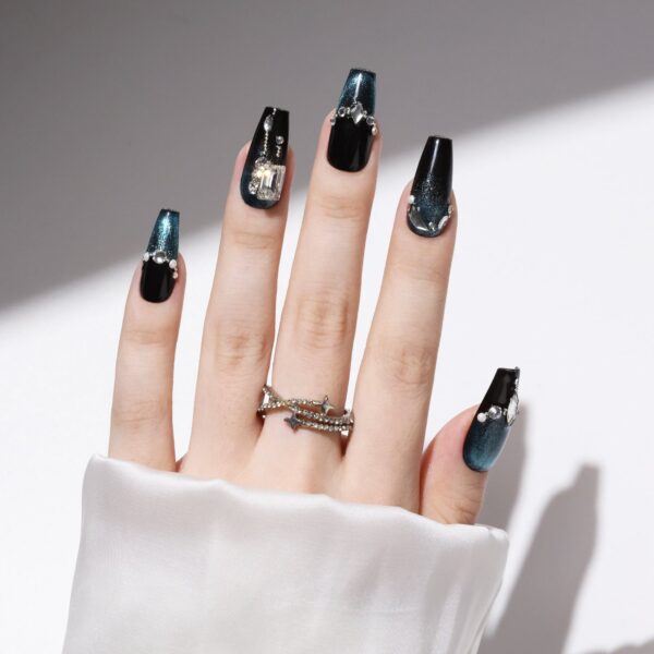 10pcs Luxury Handmade Press on Nails Medium Coffin-Shaped Black And Blue Change Cat Eye Swarovski Crystals Decorative - Image 3