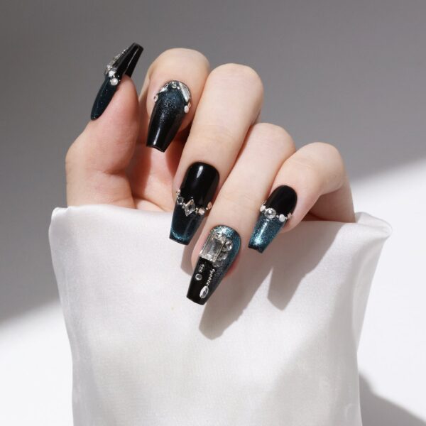 10pcs Luxury Handmade Press on Nails Medium Coffin-Shaped Black And Blue Change Cat Eye Swarovski Crystals Decorative - Image 9