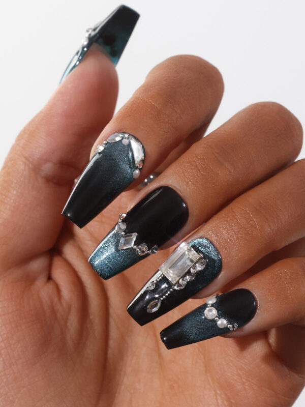 10pcs Luxury Handmade Press on Nails Medium Coffin-Shaped Black And Blue Change Cat Eye Swarovski Crystals Decorative - Image 4