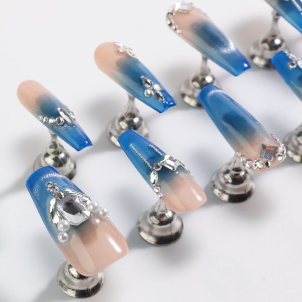 Luxury Slaon Nails Long Coffin-Shaped Glossy Blue Cat Eye Fine Flash Nail Design Swarovski Crystals Decor Handmade Press on Nails - Image 4