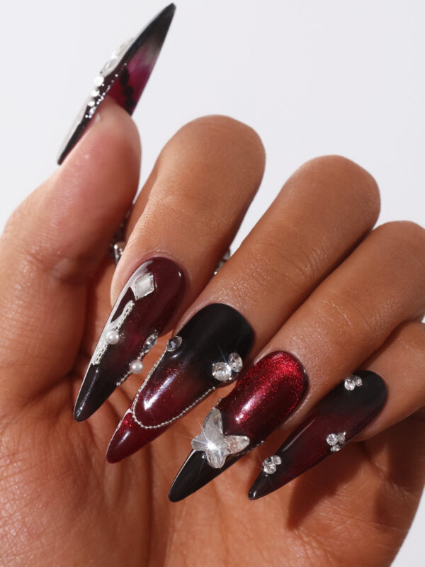 Luxury Long-Length Stiletto-Shaped Red And Black Change Cat Eye Swarovski Crystals Decorative Handmade Nail Art Set - Image 4