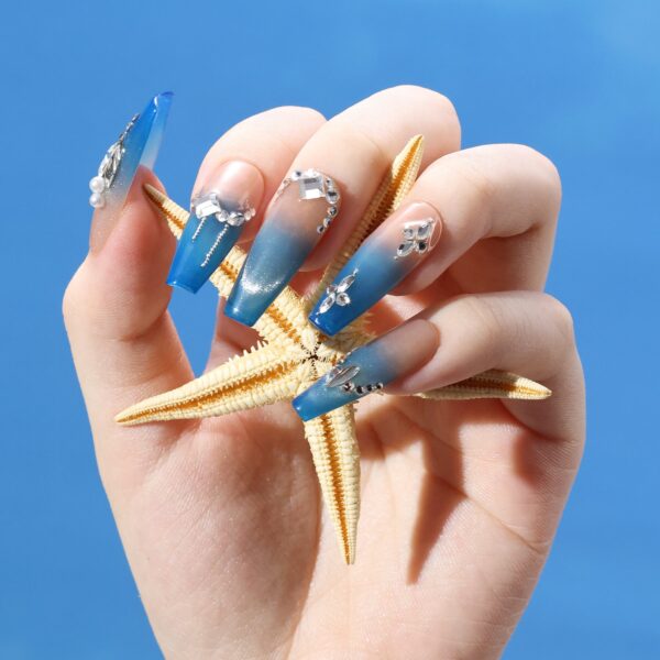 Luxury Slaon Nails Long Coffin-Shaped Glossy Blue Cat Eye Fine Flash Nail Design Swarovski Crystals Decor Handmade Press on Nails - Image 3