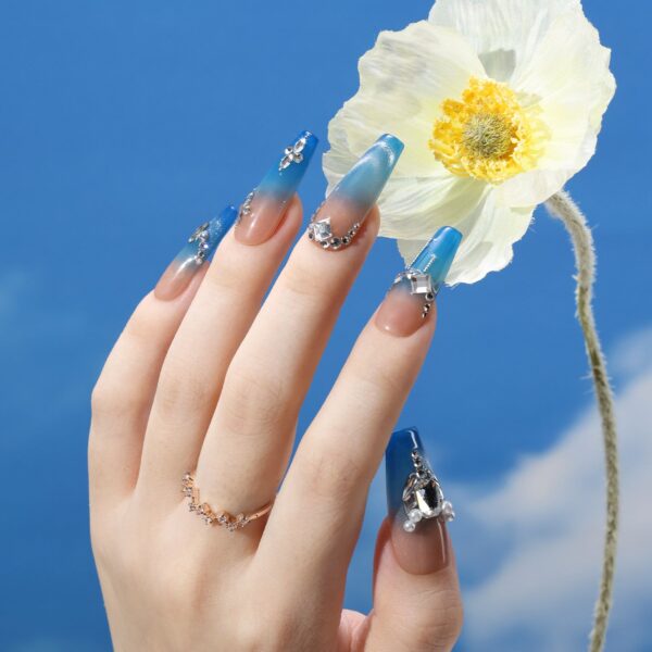 Luxury Slaon Nails Long Coffin-Shaped Glossy Blue Cat Eye Fine Flash Nail Design Swarovski Crystals Decor Handmade Press on Nails - Image 10