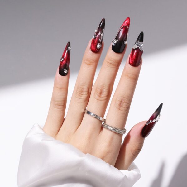 Luxury Long-Length Stiletto-Shaped Red And Black Change Cat Eye Swarovski Crystals Decorative Handmade Nail Art Set - Image 3